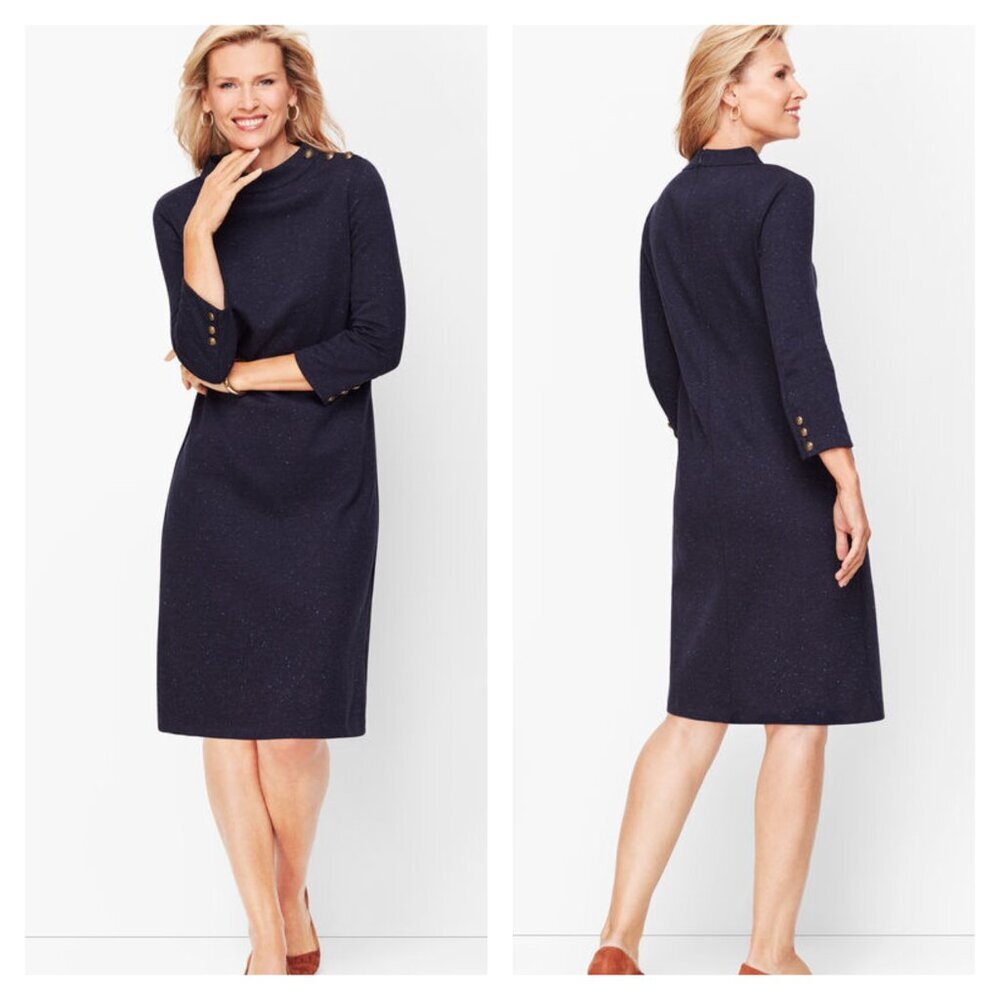 TALBOTS Nwot Heathered Shift Dress L Blue Fleck Navy Blue Retro Style 60's